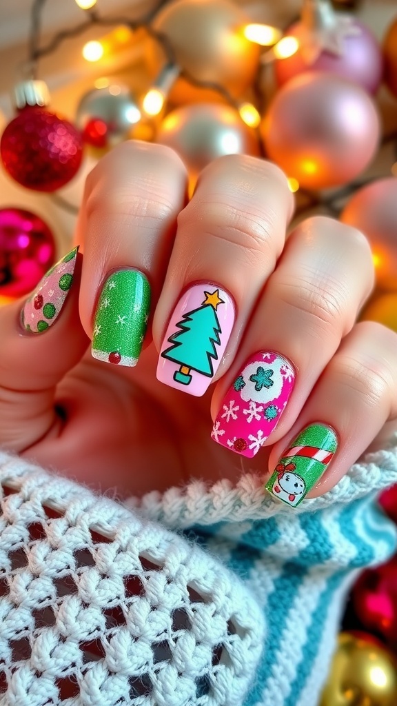Colorful 90s aesthetic Christmas nail art with snowflakes and geometric patterns.